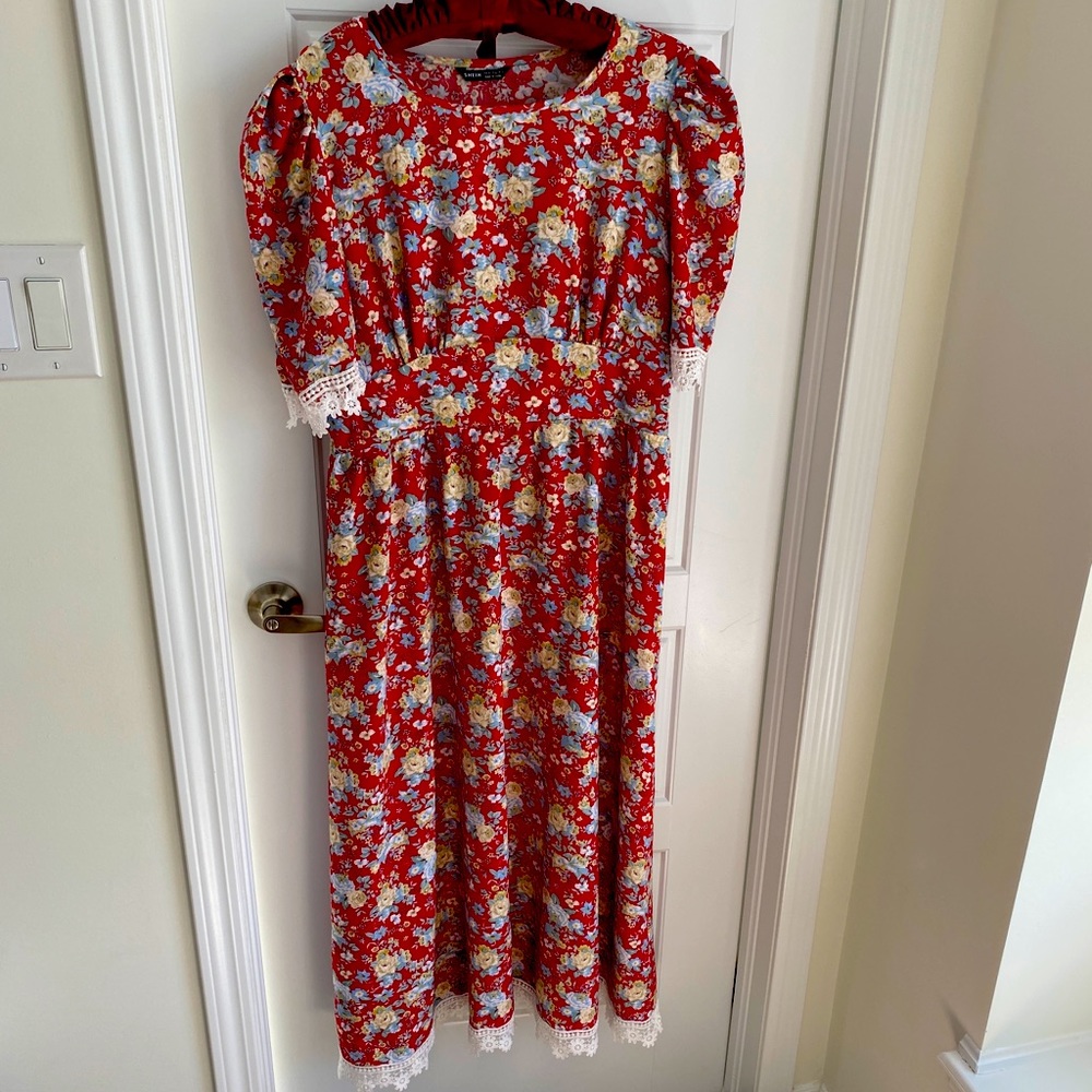 Red Floral Dress with Lace Acccents